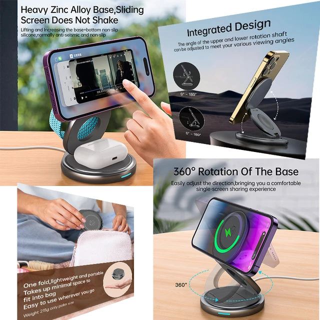 Foldable 30W Magnetic Wireless Charger Stand For iPhone15 14 13 12 Pro Max Apple Watch Airprods Pro 3 in 1 Fast Charging Station (New) (Sale)