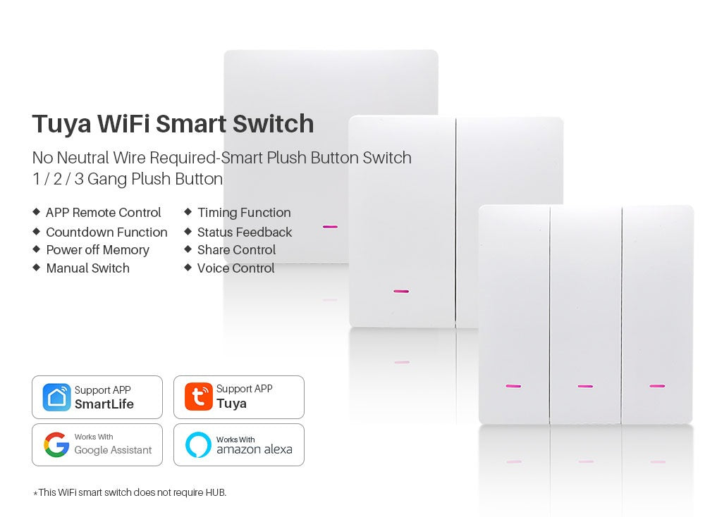 Smart Wifi Switch 220V No Neutral Wire Support Alexa and Google Home - New
