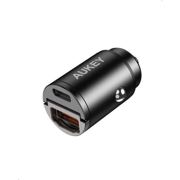 شاحن سيارة Aukey صغير جدًا بقوة 30 وات، منفذين (منفذ A+C)، أسود، Cc-A3 