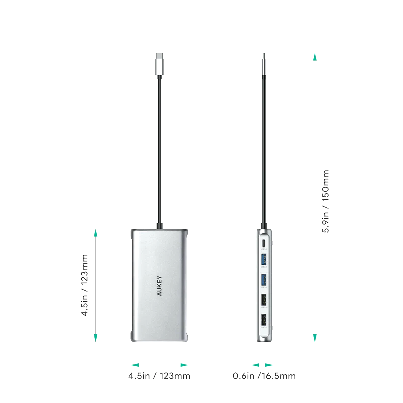 موزع USB-C AUKEY CBC78 12 في 1 مع جيجابت إيثرنت، ومنفذ HDMI مزدوج بدقة 4K، ومنفذ VGA فضي 