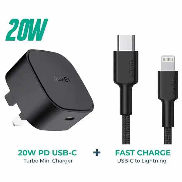 شاحن AUKEY صغير 20 واط PD USB-C PA-Y25 مع كابل Impulse MFI مضفر من النايلون USB-C إلى Lightning بطول 1.2 متر CB-CL1 - أسود