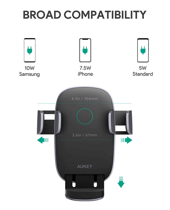 حامل هاتف لاسلكي Aukey HD-C52 Navigator Wind II بقوة 10 وات للشحن - أسود