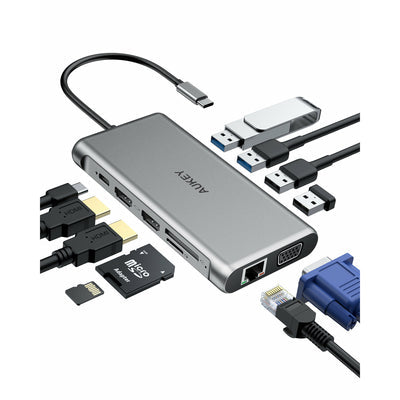 موزع USB-C AUKEY CBC78 12 في 1 مع جيجابت إيثرنت، ومنفذ HDMI مزدوج بدقة 4K، ومنفذ VGA فضي 