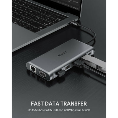 موزع USB-C AUKEY CBC78 12 في 1 مع جيجابت إيثرنت، ومنفذ HDMI مزدوج بدقة 4K، ومنفذ VGA فضي 