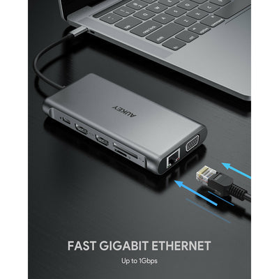 موزع USB-C AUKEY CBC78 12 في 1 مع جيجابت إيثرنت، ومنفذ HDMI مزدوج بدقة 4K، ومنفذ VGA فضي 