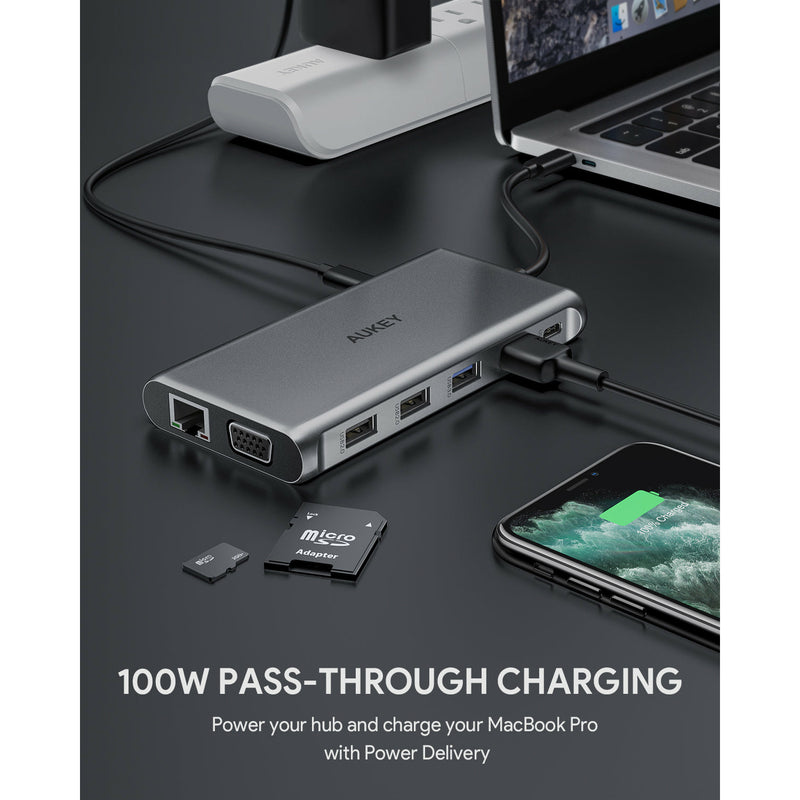 موزع USB-C AUKEY CBC78 12 في 1 مع جيجابت إيثرنت، ومنفذ HDMI مزدوج بدقة 4K، ومنفذ VGA فضي 
