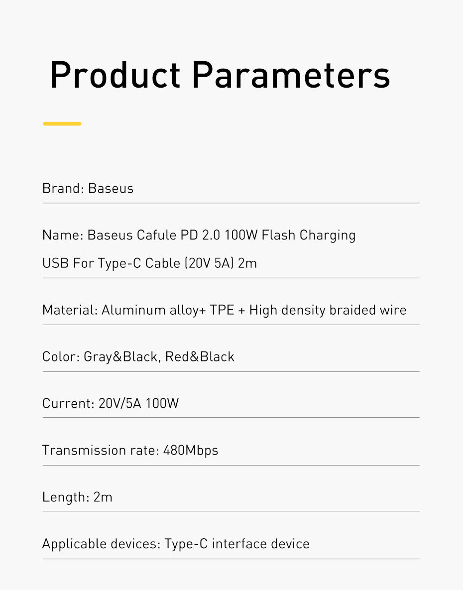 Baseus 100W USB C To USB Type C Cable USBC PD Fast Charging Charger Cord USB-C 5A Type C Cable 2M For Macbook and all new PC