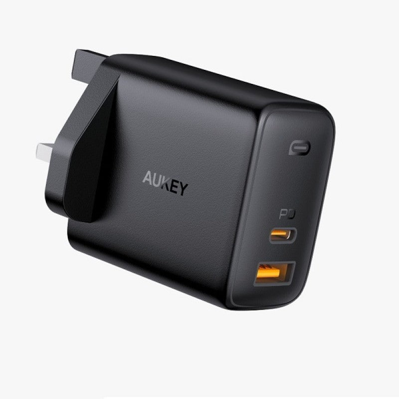 شاحن حائط Aukey ثنائي المنفذ 65 واط بتقنية Gan Power، أسود - PA-B3 BK QC + PD