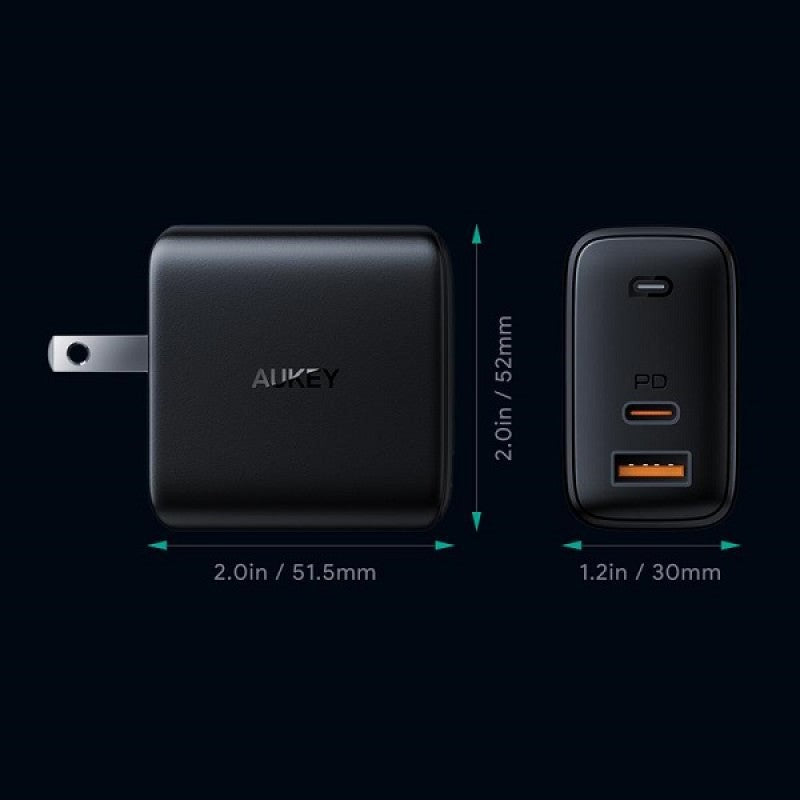 شاحن حائط Aukey ثنائي المنفذ 65 واط بتقنية Gan Power، أسود - PA-B3 BK QC + PD