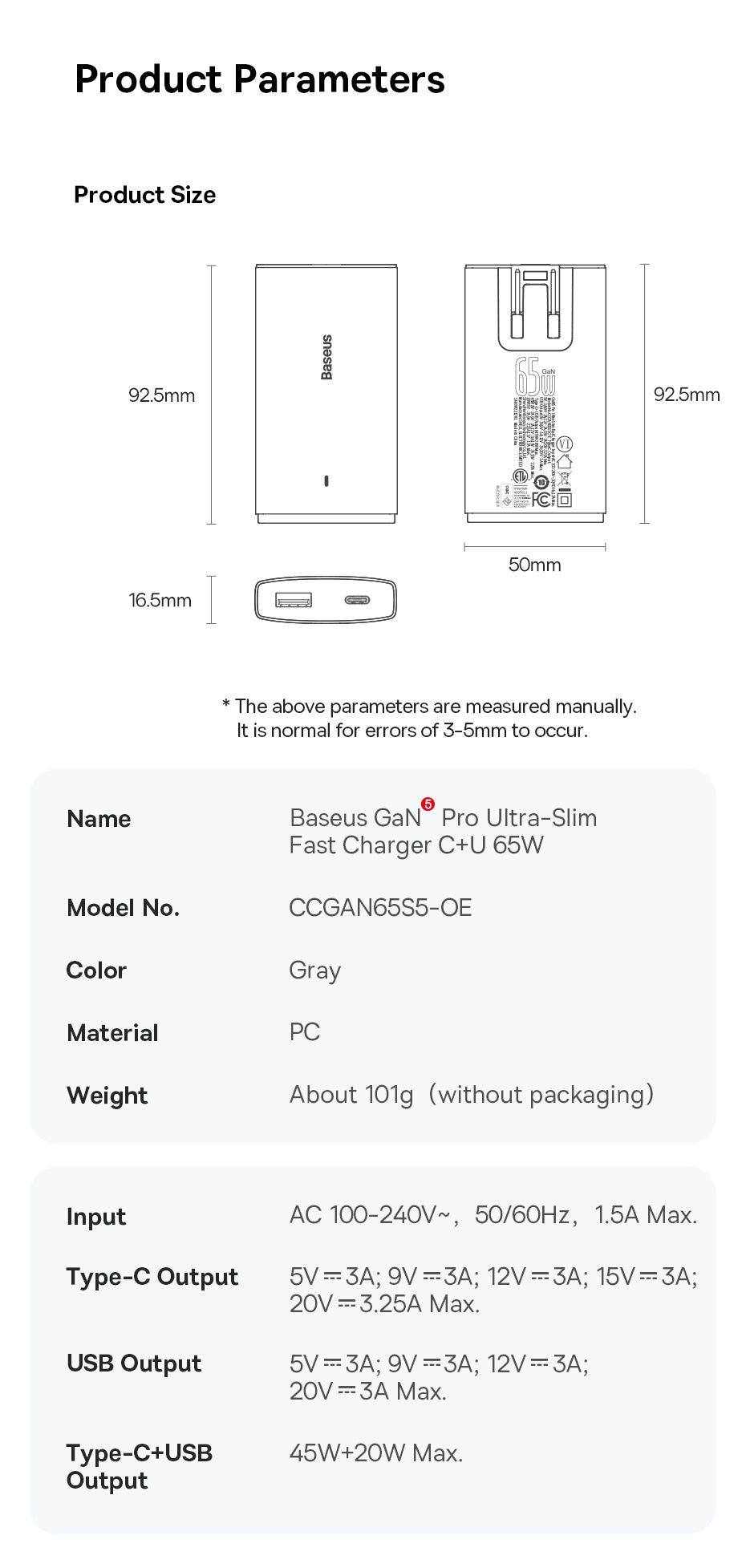 Baseus 65W GaN5 Charger Quick Charge  Portable Travel Charger Fast Charging For Laptop iPhone 14 13 & More